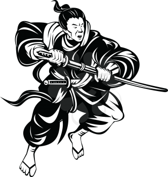 Retro woodcut style illustration of a Samurai wariror, the military nobility and officer caste of medieval Japan, with katana sword in fighting pose on isolated background done in black and white.
