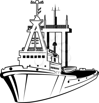Retro style illustration of a harbor tugboat or tug, a type of vessel that maneuvers other vessels by pushing or pulling them by a tow line on isolated background done in black and white.