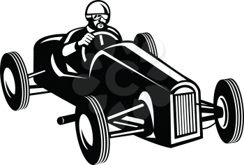 Retro style illustration of a racing driver driving vintage race car viewed on high angle on isolated white background black and white style.