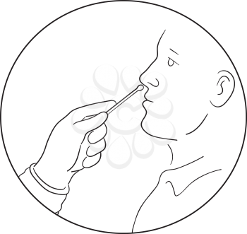 Line drawing illustration of a of hand of medical worker, nurse doctor performing nose, nasal or nasopharyngeal swab test for Covid-19 coronavirus infection done in monoline style black and white.