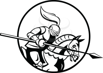Retro style illustration of a medieval knight with lance riding steed set inside circle viewed from side on isolated background done in black and white.