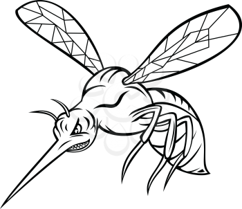 Mascot illustration of a yellow fever mosquito or Aedes aegypti, a mosquito that can spread dengue fever, chikungunya, Zika fever virus, flying on isolated background in retro black and white style.