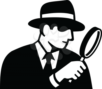 Stencil illustration of a private eye, detective, inspector or private investigator looking through magnifying glass wearing fedora hat side view on isolated background in black and white retro style.