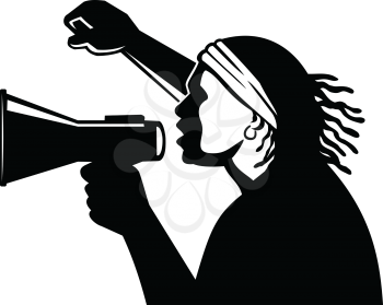Retro style illustration of an African American activist with megaphone in demonstration with clenched fist protesting that black lives matter on isolated background done in black and white.