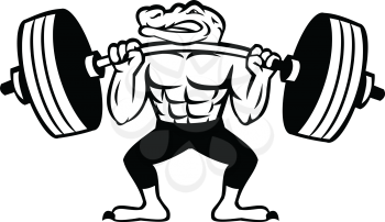 Mascot icon illustration of an alligator, gator, crocodile or croc lifting a heavy barbell weight training or weightlifting viewed from front on isolated background in retro black and white style.