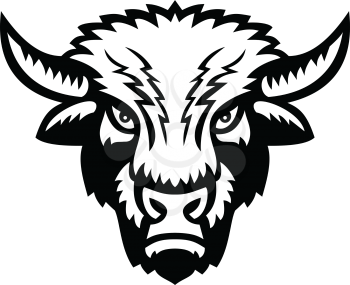 Mascot icon illustration of an American bison or American buffalo viewed from front on isolated background in retro black and white style.