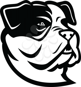 Mascot black and white illustration of head of a bully type American Bulldog, a breed of utility dog viewed from side on isolated background in retro style.
