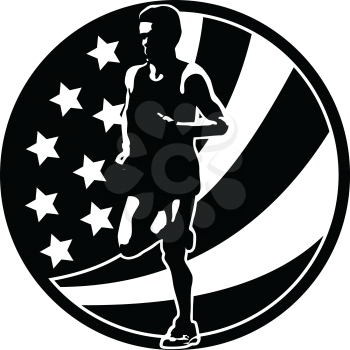 Retro style illustration of a silhouette of an American marathon runner running with USA stars and stripes set in circle viewed from front done in full color.