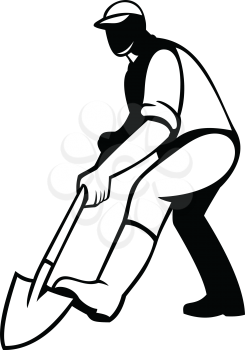 Illustration of male gardener landscaper horticulturist with shovel spade facing front digging and shovelling done in retro black and white style.
