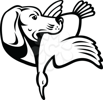 Illustration of a golden retriever dog with duck or goose viewed from side done in retro black and white style.
