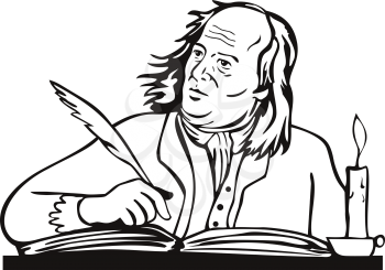 Retro style illustration of Benjamin Franklin, an American polymath and one of the Founding Fathers of the United States, as a writer writing with quill on isolated background done in black and white.