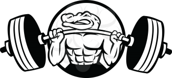 Black and white mascot illustration of an alligator, gator, crocodile or croc lifting a heavy barbell weight training or weightlifting viewed from front set inside circle on isolated background in retro style.