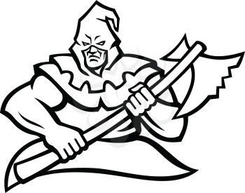 Black and white mascot illustration of a hooded medieval or absolutist executioner or headsman carrying an axe viewed from front on isolated background in retro style.