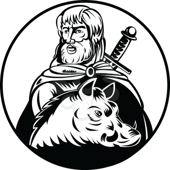 Retro woodcut style illustration of Freyr or Frey, a god in Norse mythology, associated with sacral kingship, virility, peace and prosperity with sword and wild boar circle on done in black and white.

