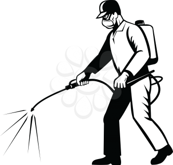 Retro black and white style illustration of a pest control exterminator spraying chemical disinfectant or pesticide viewed from side on isolated background.