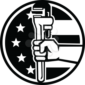 Illustration of an American plumber hand holding adjustable pipe wrench viewed from the side set inside circle with usa american stars and stripes flag in the background done in retro style. 