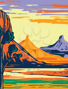 WPA poster art of the North and South Six Shooter Peak in Bears Ears National Monument located in San Juan County in southeastern Utah in works project administration or federal art project style.
