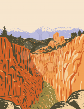 WPA poster art of the Browns Canyon National Monument encompassing canyons and forests in Arkansas River Valley and the Sawatch Range in Chaffee County Colorado in works project administration style.
