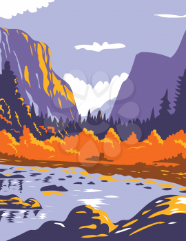 WPA poster art of El Capitan or El Cap during fall in Yosemite National Park Sierra Nevada of Central California United States of America in works project administration or federal art project style.