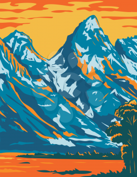 WPA poster art of the spectacular snowcapped peaks of Grand Teton National Park located in Wyoming United States of America done in works project administration or federal art project style.