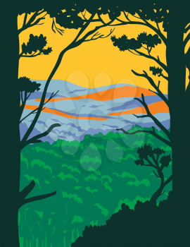 WPA poster art of the Ouachita Mountains or Ouachitas, a mountain range in Arkansas and Oklahoma within the Hot Springs National Park done in works project or administration federal art project style.