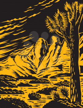 Woodcut style poster art of the Joshua tree in the remote and rugged desert landscape of Gold Butte National Monument located in Clark County in southeastern Nevada done in WPA style.