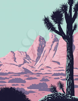 WPA poster art of the Joshua tree in the remote and rugged desert landscape of Gold Butte National Monument located in Clark County in southeastern Nevada done in works project administration style.