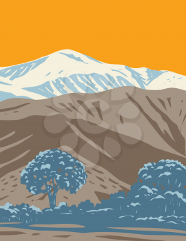 WPA poster art of Sand to Snow National Monument located in Southern California covering San Bernardino Mountains, Mojave Desert and Colorado Desert in works project administration style style style.