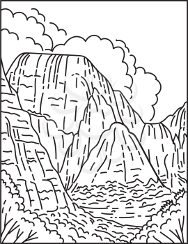 Mono line illustration of Zion Canyon in Zion National Park located in Springdale, Utah, United States of America done in retro black and white monoline line art style.