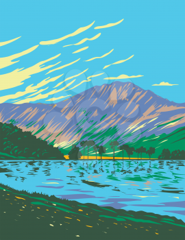 Art Deco or WPA poster of Lake Buttermere within Lake District National Park located in Cumbria in northwest England, United Kingdom done in works project administration style.