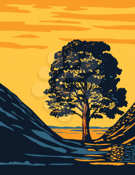 Art Deco or WPA poster of the Sycamore Gap tree in Hadrians Wall Country within Northumberland National Park in North East England, United Kingdom done in works project administration style.
