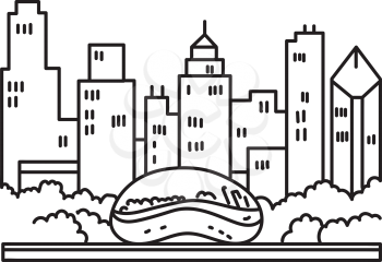 Mono line poster illustration of Chicago downtown skyline with the Bean landmark or Cloud Gate sculpture on top of Park Grill on Lake Michigan in Illinois, USA done in monoline line art style.