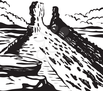 WPA poster monochrome art of Chimney Rock National Monument in San Juan National Forest in southwestern Colorado, USA done in works project administration black and white style.