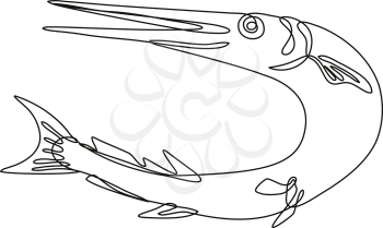 Continuous line drawing illustration of a Needlefish or long toms jumping up done in mono line or doodle style in black and white on isolated background. 