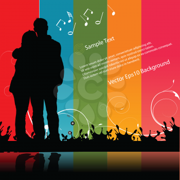 Royalty Free Clipart Image of a Silhouetted Couple Against a Music Background