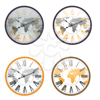 Royalty Free Clipart Image of a Set of Clocks With World Maps