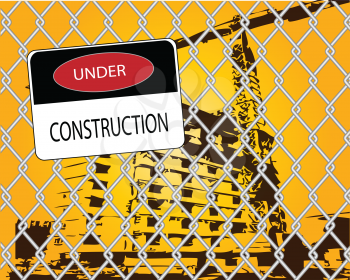 Royalty Free Clipart Image of a Building Under Construction Behind a Wire Fence