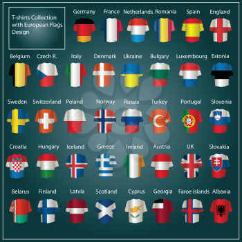 Royalty Free Clipart Image of a Collection of T-Shirts With European Flags