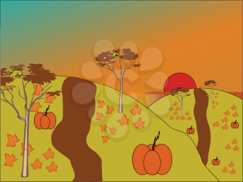 Royalty Free Clipart Image of a Field With Pumpkins and Leaves