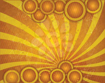 Royalty Free Clipart Image of an Orange Background With Stripes and Circles