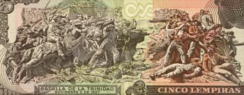 Royalty Free Photo of the Battle of La Trinidad on 5 Lempiras Banknote From Honduras