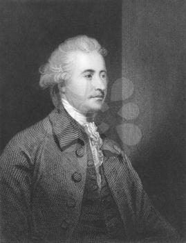 Royalty Free Photo of Edmund Burke (1729-1797) on engraving from the 1800s. Anglo-Irish statesman, author, orator, political theorist and philosopher. Mostly remembered for his opposition to the Frenc