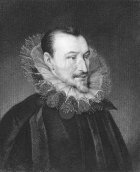 Royalty Free Photo of Edmund Spenser (1552-1599) on engraving from the 1800s. 16th century english poet. Engraved by J. Thomson and published in London by Charles Knight, Ludgate Steet.