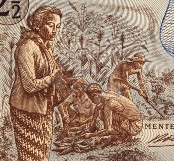 Royalty Free Photo of Field Workers on 2 and half Rupiah 1961 Banknote from Indonesia.