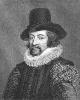 Royalty Free Photo of Francis Bacon (1561-1626) on engraving from the 1800s. English philosopher, statesman, lawyer, jurist, author and scientist. Engraved by J.Pofselwhite from a picture by J.Houbrak