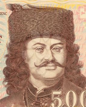 Royalty Free Photo of Francis II Rakoczi (1676-1735) on 500 Forint 2008 Banknote from Hungray. National hero of Hungary. Aristocrat, prince and leader of the Hungarian uprising against the Habsburgs i