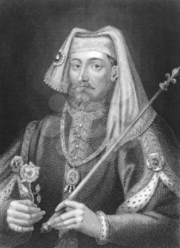 Royalty Free Photo of Henry IV (1366-1413) on engraving from the 1800s.
King of England and Lord of Ireland during 1399-1413.
Engraved from a picture at Hampton Court, Herefordshire.