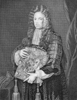 Royalty Free Photo of John Somers, 1st Baron Somers (1651-1716) on engraving from the 1800s. English Whig jurist and statesman. Engraved by W.T.Mote and published by the London Printing and Publishing