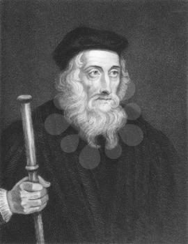 Royalty Free Photo of John Wiclif (1320s-1384) on engraving from the 1800s. English theologian, lay preacher, translator, reformist and university teacher. Engraved by J. Pofselwhite and published in 