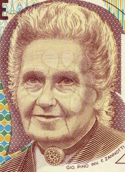 Royalty Free Photo of Maria Montessori (1870-1952) on 1000 Lire 1990 Banknote from Italy. Physician, educator, philosopher, humanitarian and devout Catholic, best known for her the Montessori method o